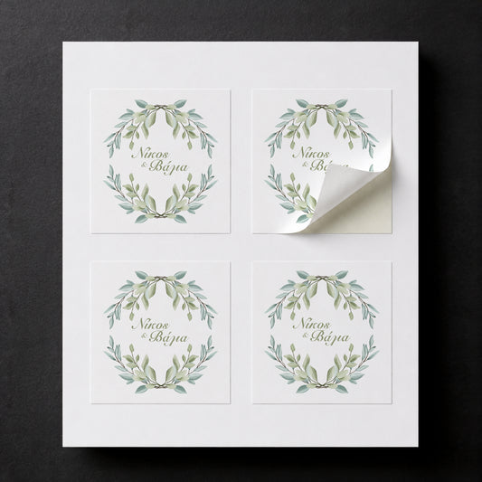 Printed wedding favor stickers for white paper cube favor boxes. Theme: Greenery.