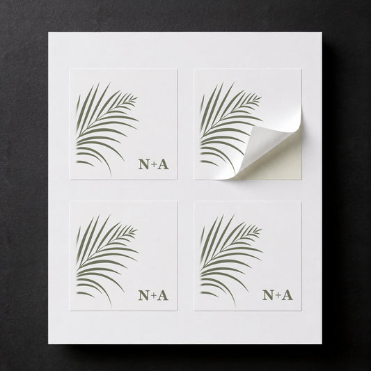 Printed Tropical wedding favor stickers for white paper cube favor boxes.