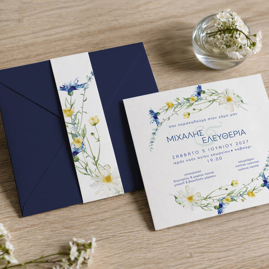 Προσκλητήριο Γάμου με Φάκελο & Τρέσα | Blue Wreath