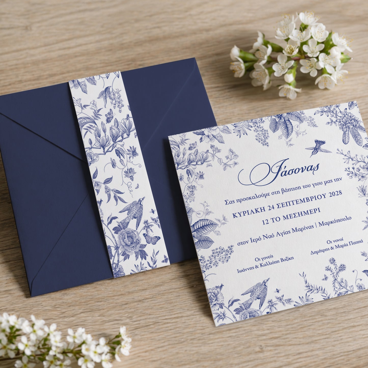 Προσκλητήριο Βάπτισης Toile de Jouy Bleu με Navy Φάκελο & Τρέσα