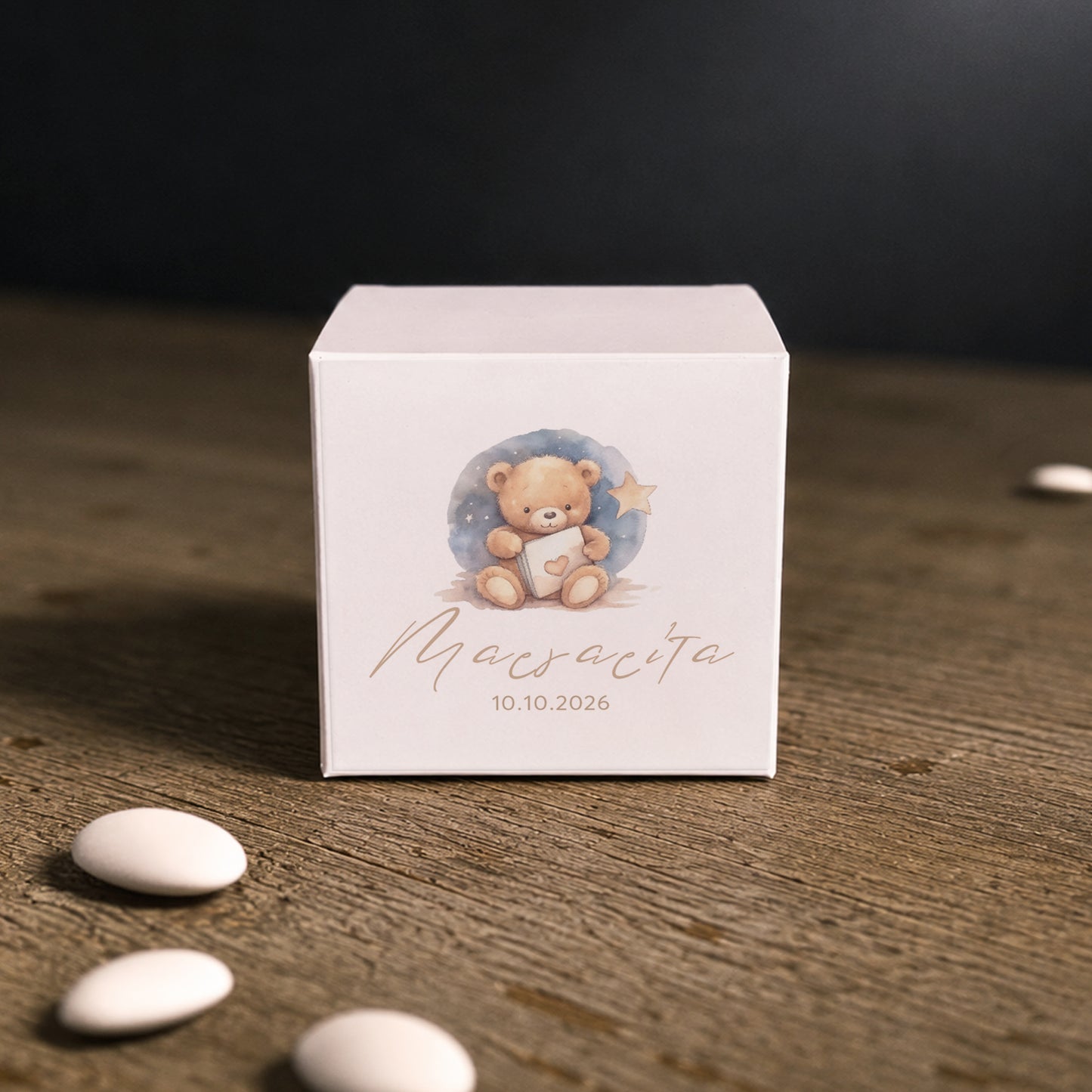 Μπομπονιέρα Βάπτισης Κύβος με Αυτοκόλλητο Cute Teddy