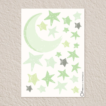 Αυτοκόλλητα Τοίχου για Παιδικό Δωμάτιο | Light Green Dreamy Moon & Stars