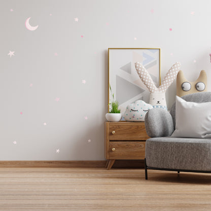 Αυτοκόλλητα Τοίχου για Παιδικό Δωμάτιο | Baby Pink Dreamy Moon & Stars