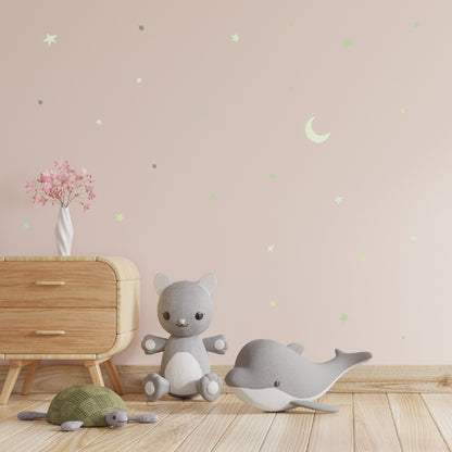 Αυτοκόλλητα Τοίχου για Παιδικό Δωμάτιο | Light Green Dreamy Moon & Stars