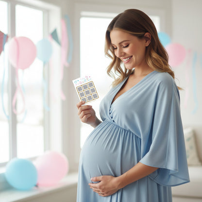 Gender reveal scratch card with gray squares and question marks on a textured beige background
