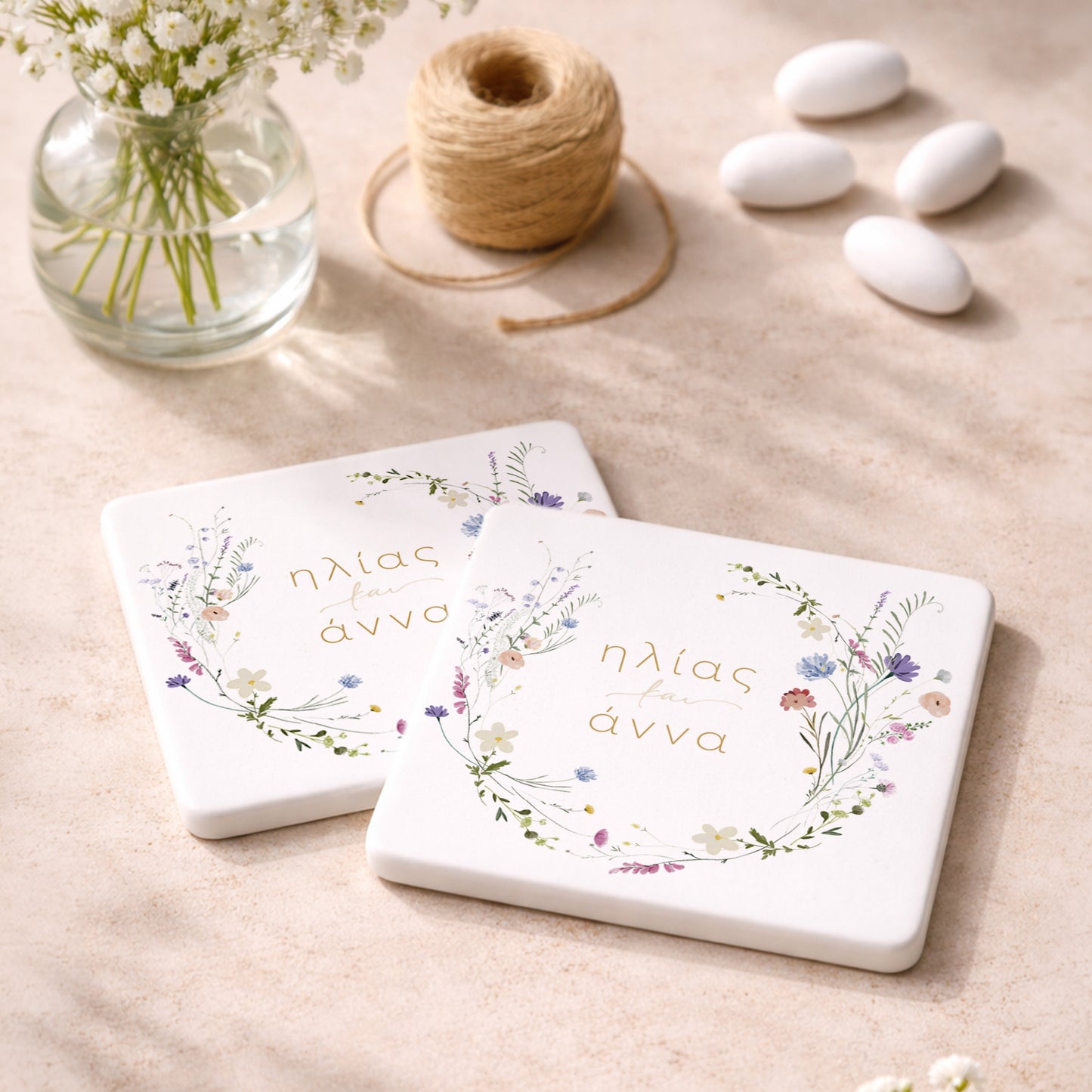 Μπομπονιέρα Πλακάκι Γάμου με Πολύχρωμο Floral Στεφάνι