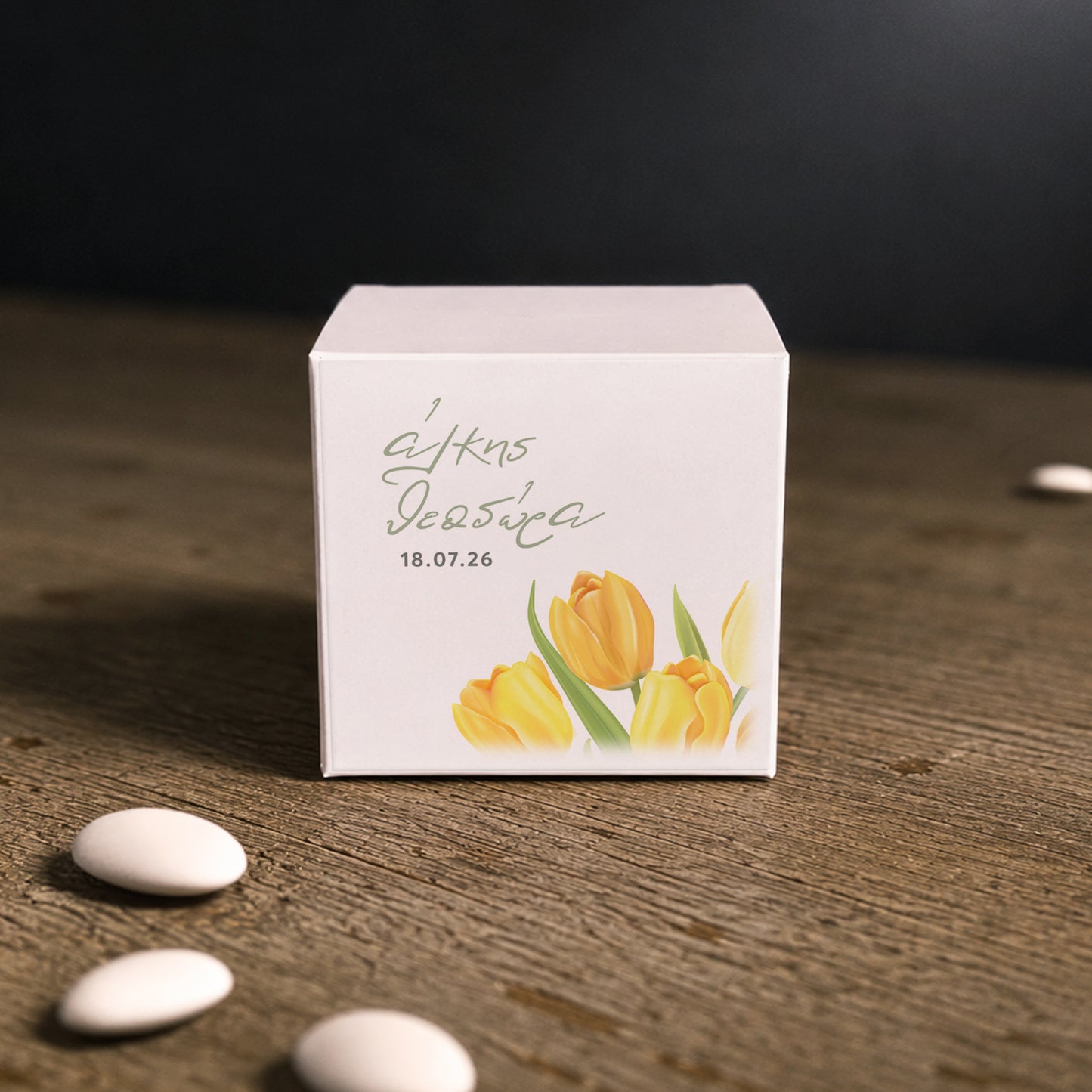 White paper cube favor box with printed sticker – elegant wedding favor box. Theme: Yellow Tulip.
