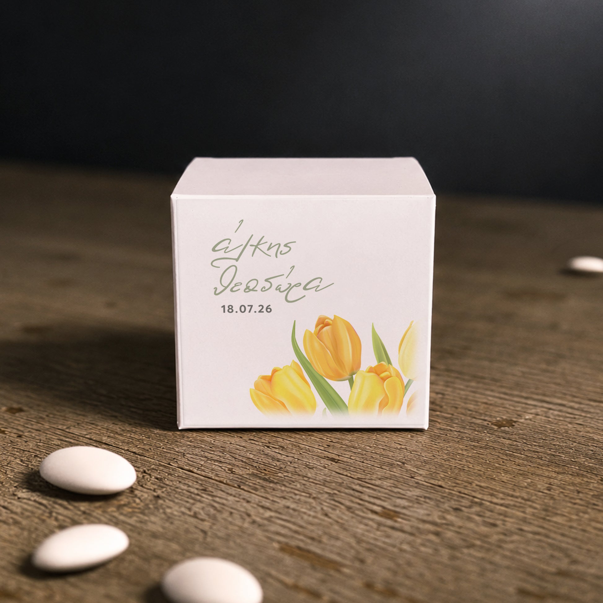 White paper cube favor box with printed sticker – elegant wedding favor box. Theme: Yellow Tulip.
