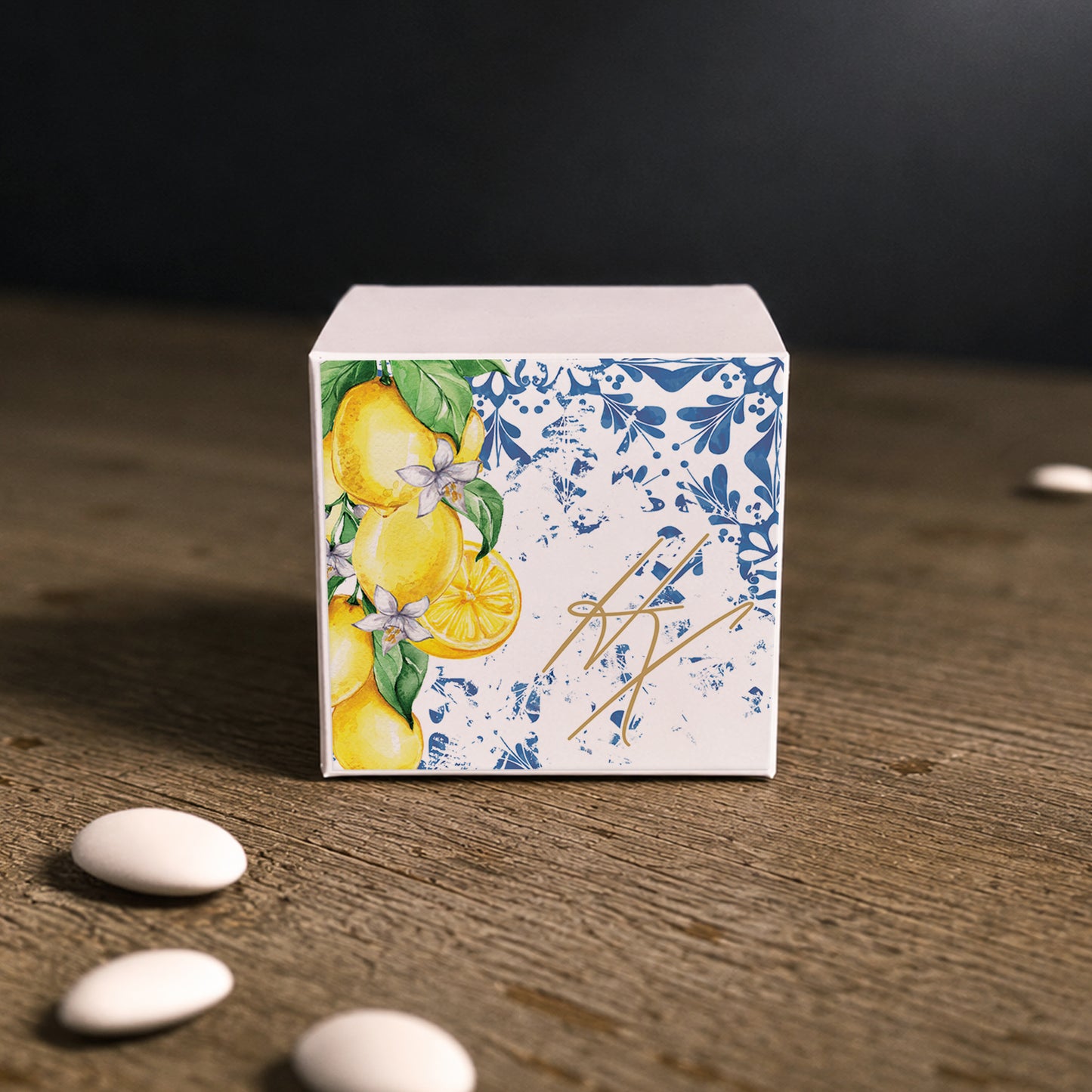 White paper cube favor box with printed sticker – elegant wedding favor box. Theme: Mediterranean Lemons.

