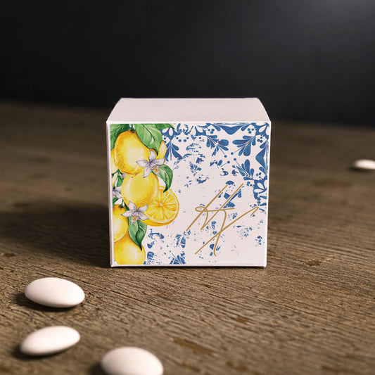 White paper cube favor box with printed sticker – elegant wedding favor box. Theme: Mediterranean Lemons.
