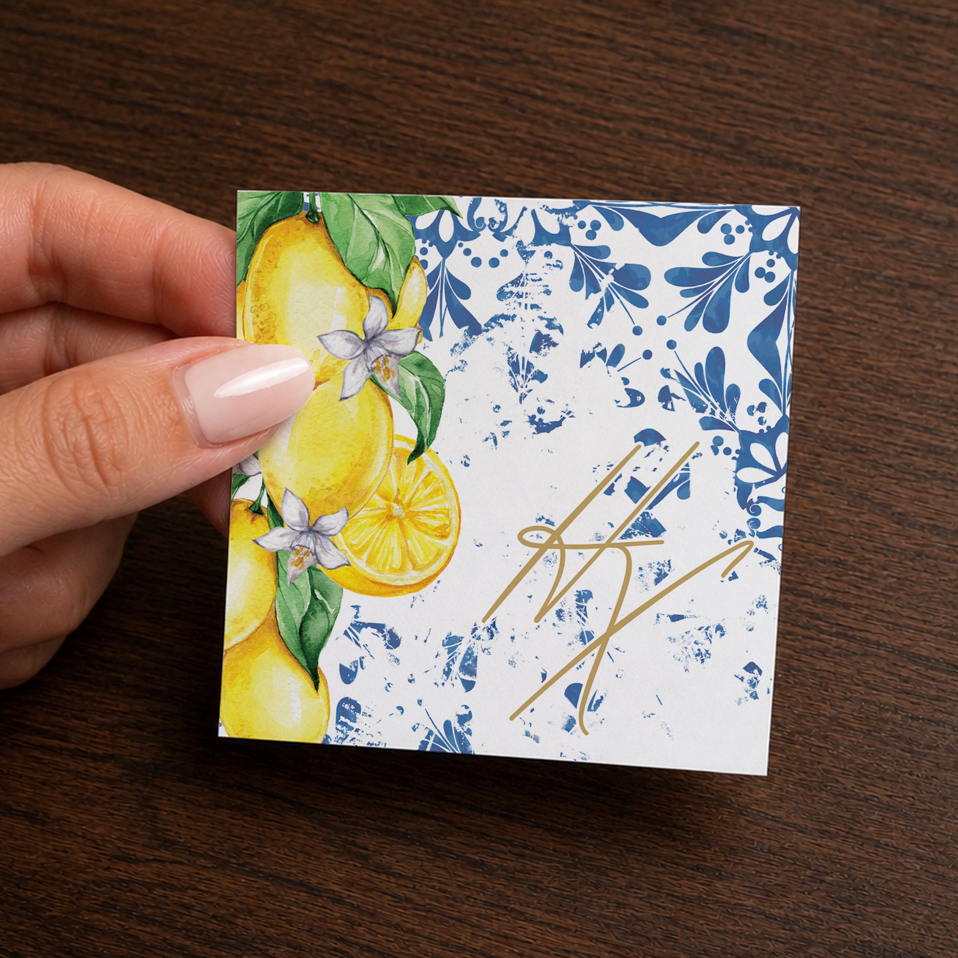Printed sticker for personalized wedding favor box. Theme: Mediterranean Lemons.
