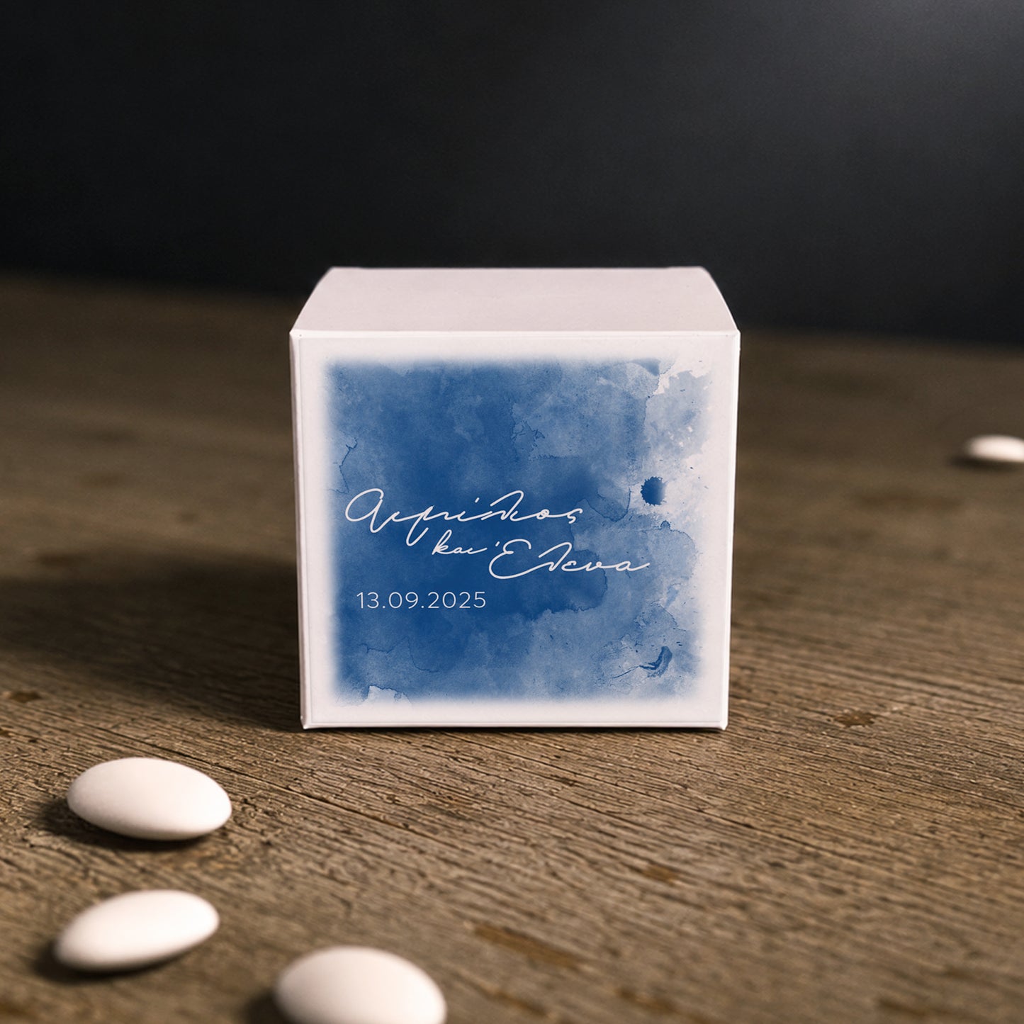 Printed sticker for personalized wedding favor box. Theme: Blue Romance.
