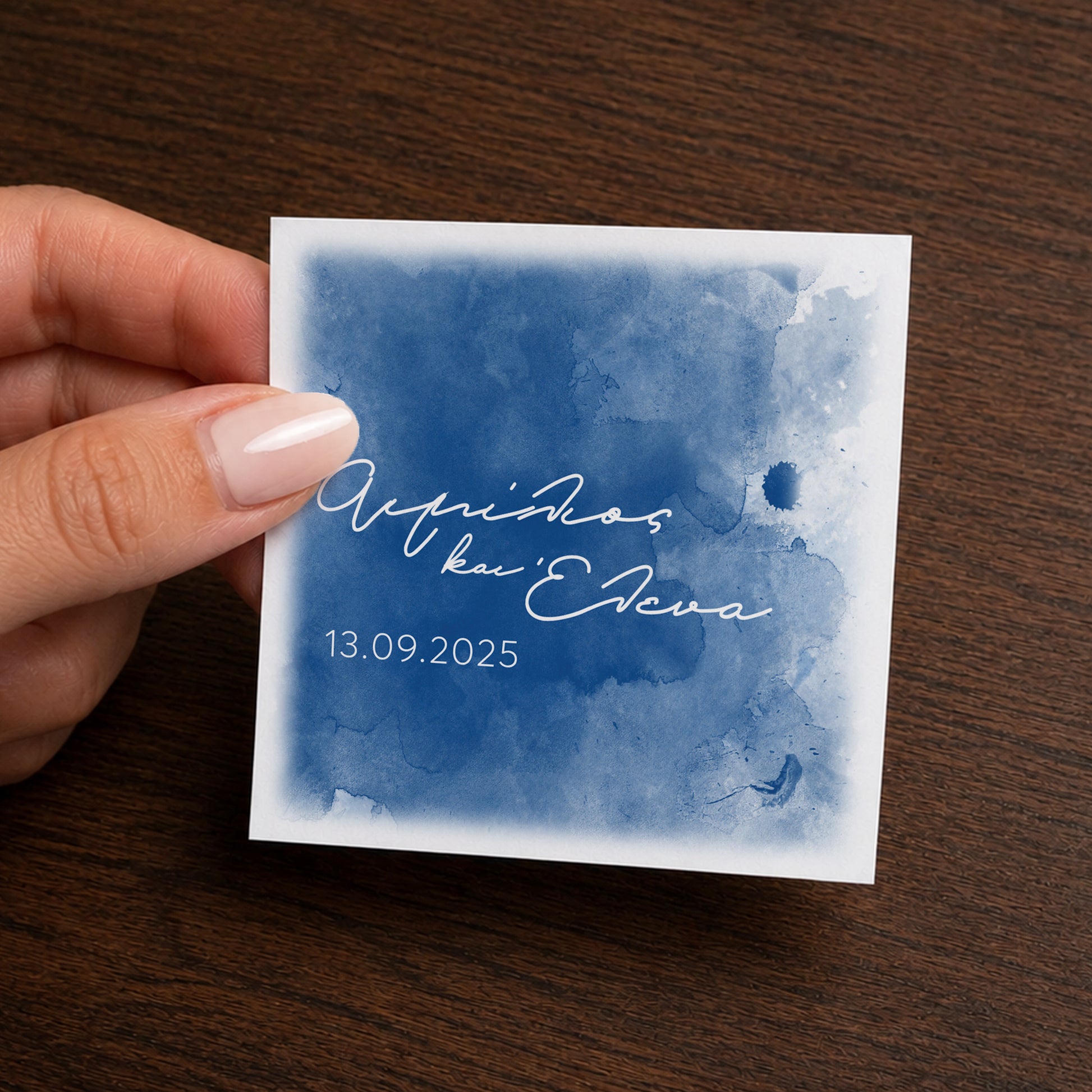 White paper cube favor box with printed sticker – elegant wedding favor box. Theme: Blue Romance.
