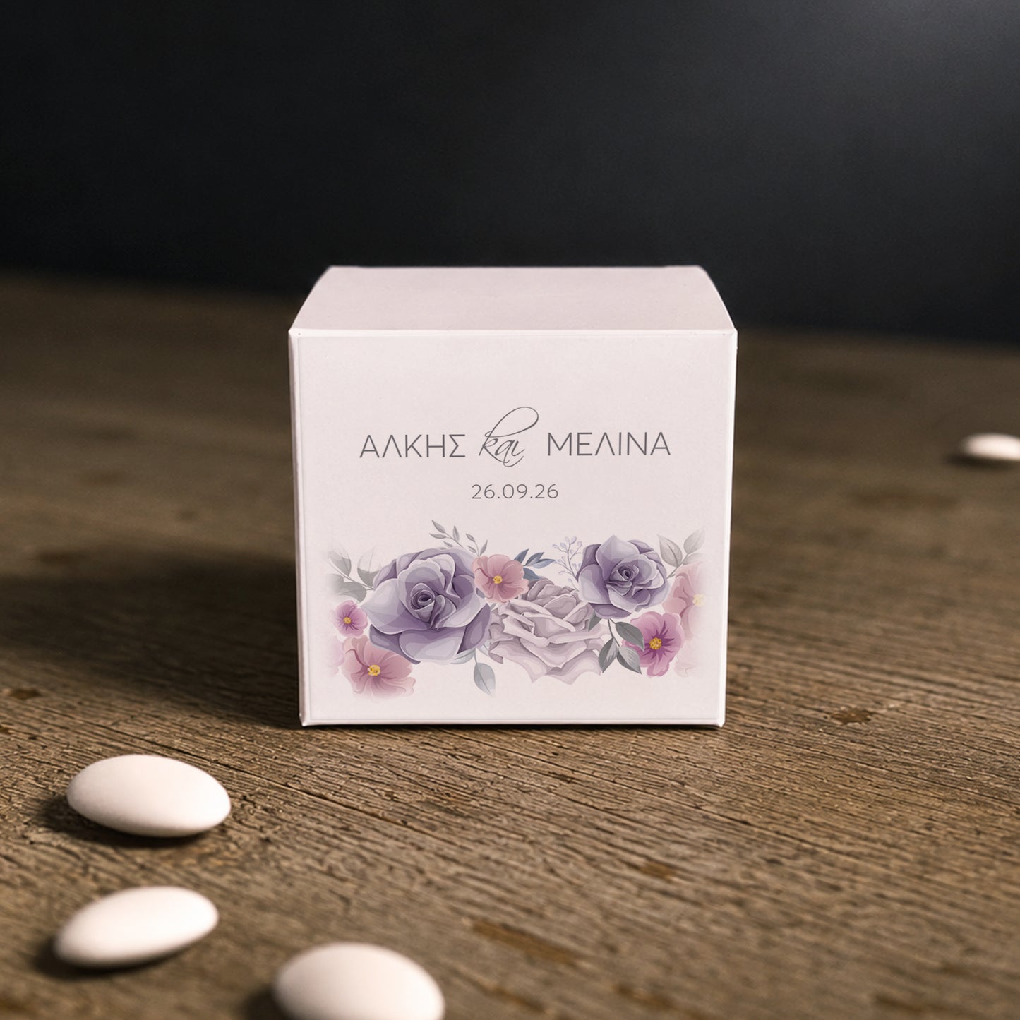 White paper cube favor box with printed sticker – elegant wedding favor box. Theme: Purple Rose.
