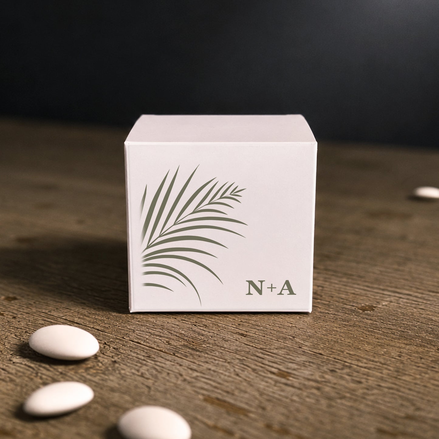 White paper cube favor box with Tropical printed sticker – elegant wedding favor box.
