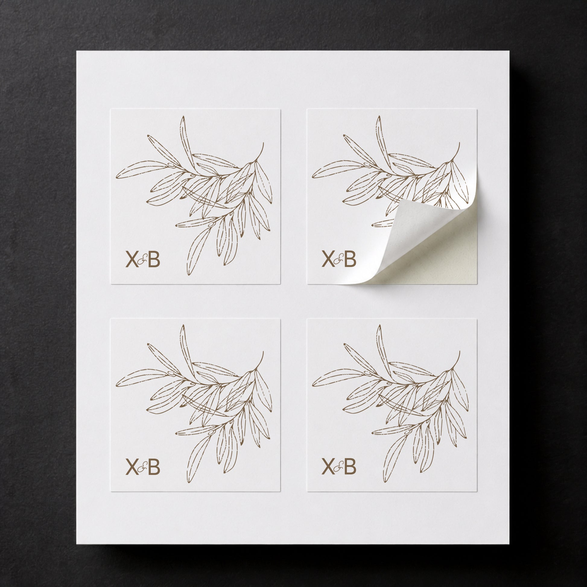 Sheet with four printed Olive wedding favor stickers for white paper cube favor boxes.
