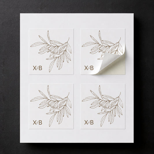 Sheet with four printed Olive wedding favor stickers for white paper cube favor boxes.
