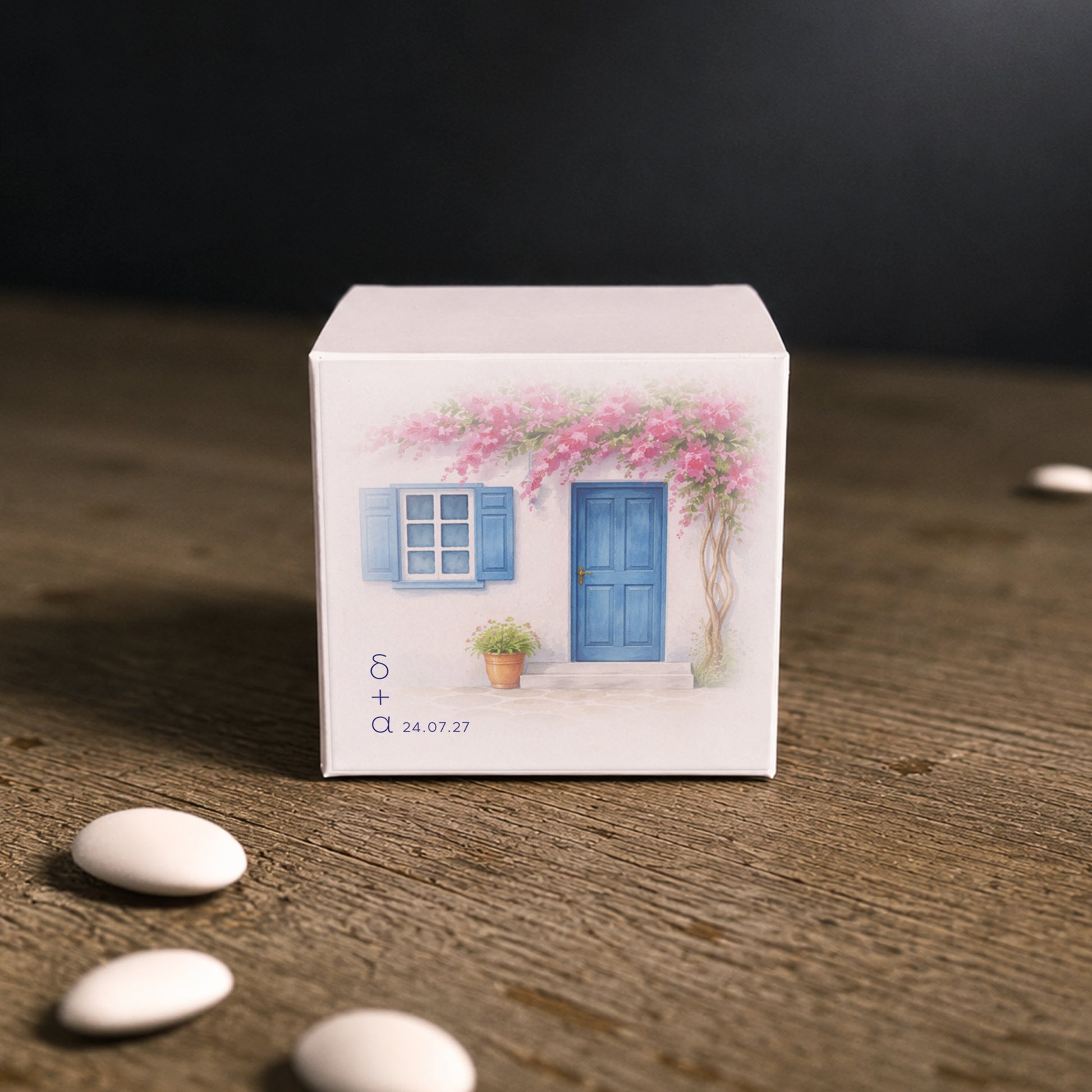 White paper cube favor box with printed sticker – elegant wedding favor box. Theme: Cyclades.
