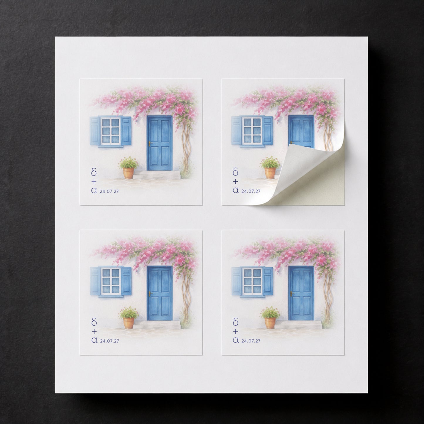 Sheet with four printed Cyclades wedding favor stickers for white paper cube favor boxes.
