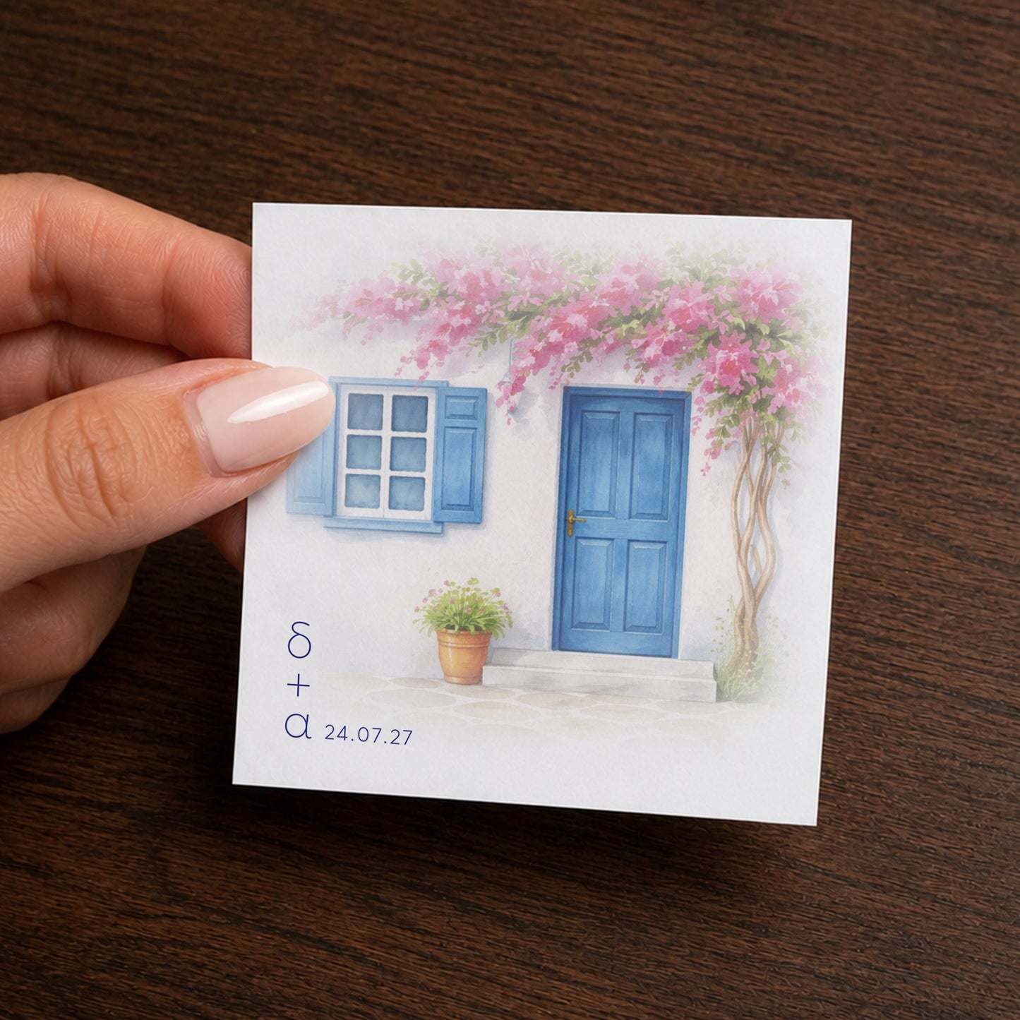 Printed sticker for personalized wedding favor box. Theme: Cyclades.
