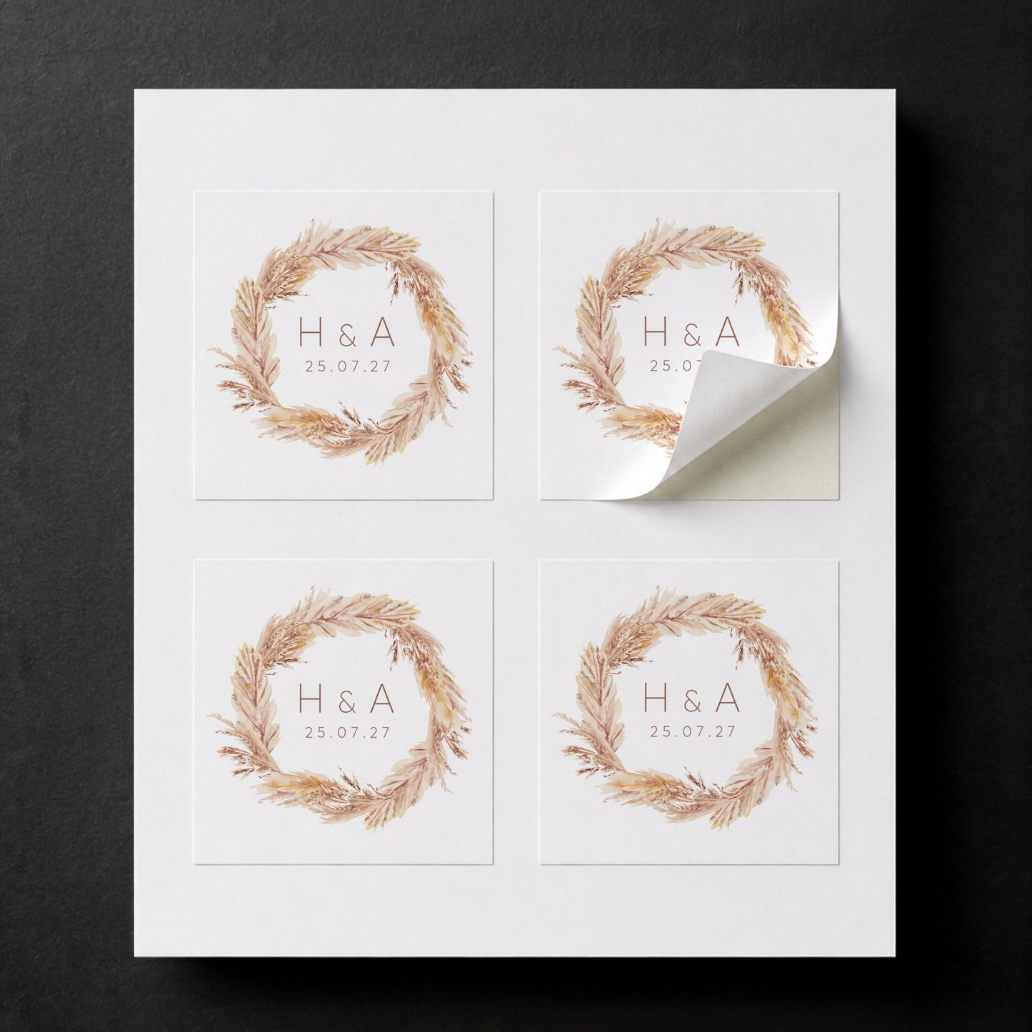 Sheet with four printed Pampas wedding favor stickers for white paper cube favor boxes.
