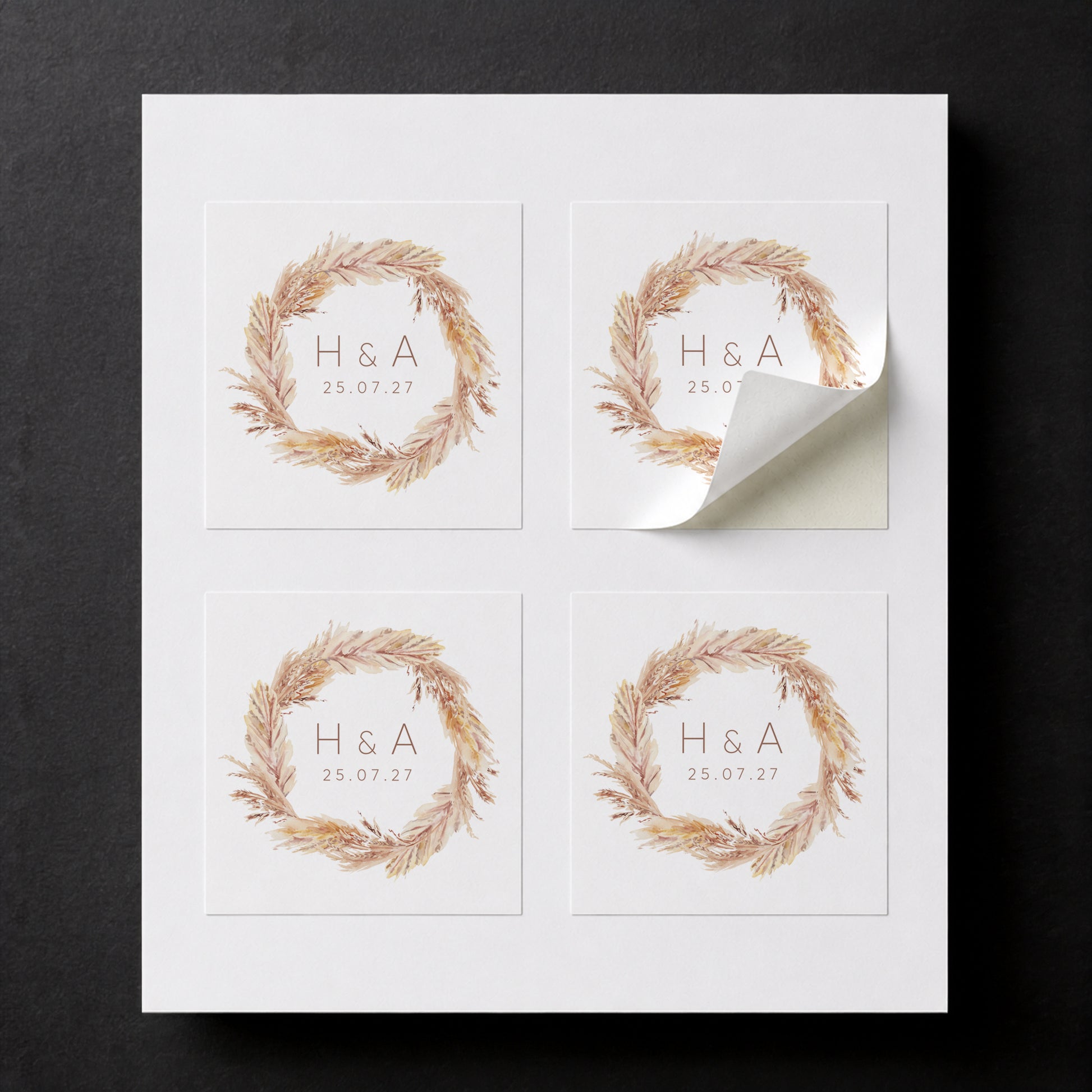 Sheet with four printed Pampas wedding favor stickers for white paper cube favor boxes.
