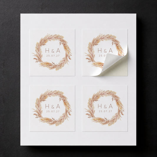 Sheet with four printed Pampas wedding favor stickers for white paper cube favor boxes.
