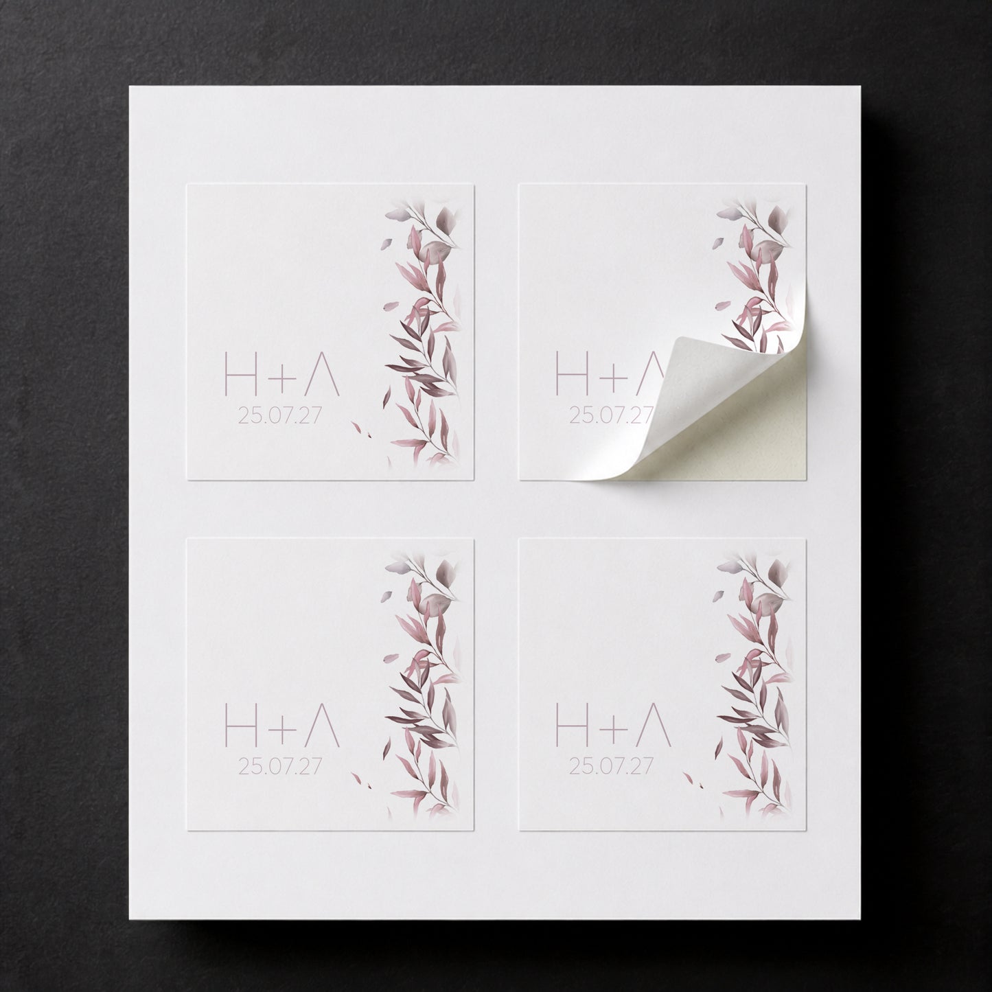 Pink Leaves printed sticker for personalized wedding favor box.

