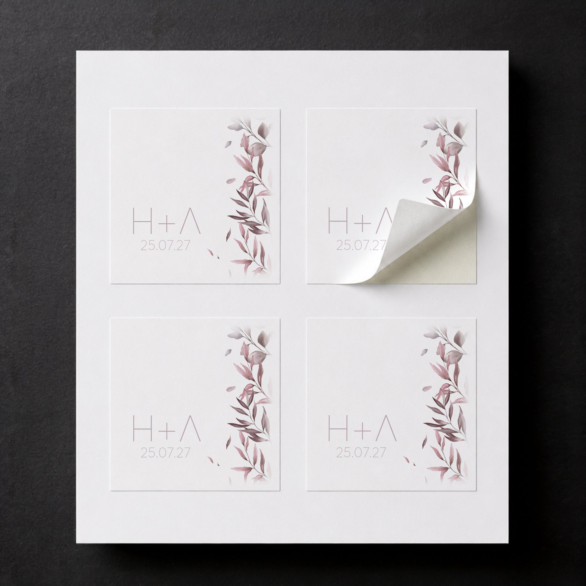 Pink Leaves printed sticker for personalized wedding favor box.

