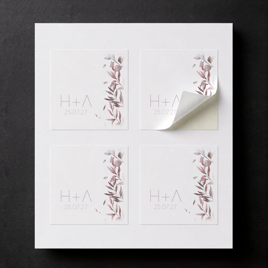 Pink Leaves printed sticker for personalized wedding favor box.
