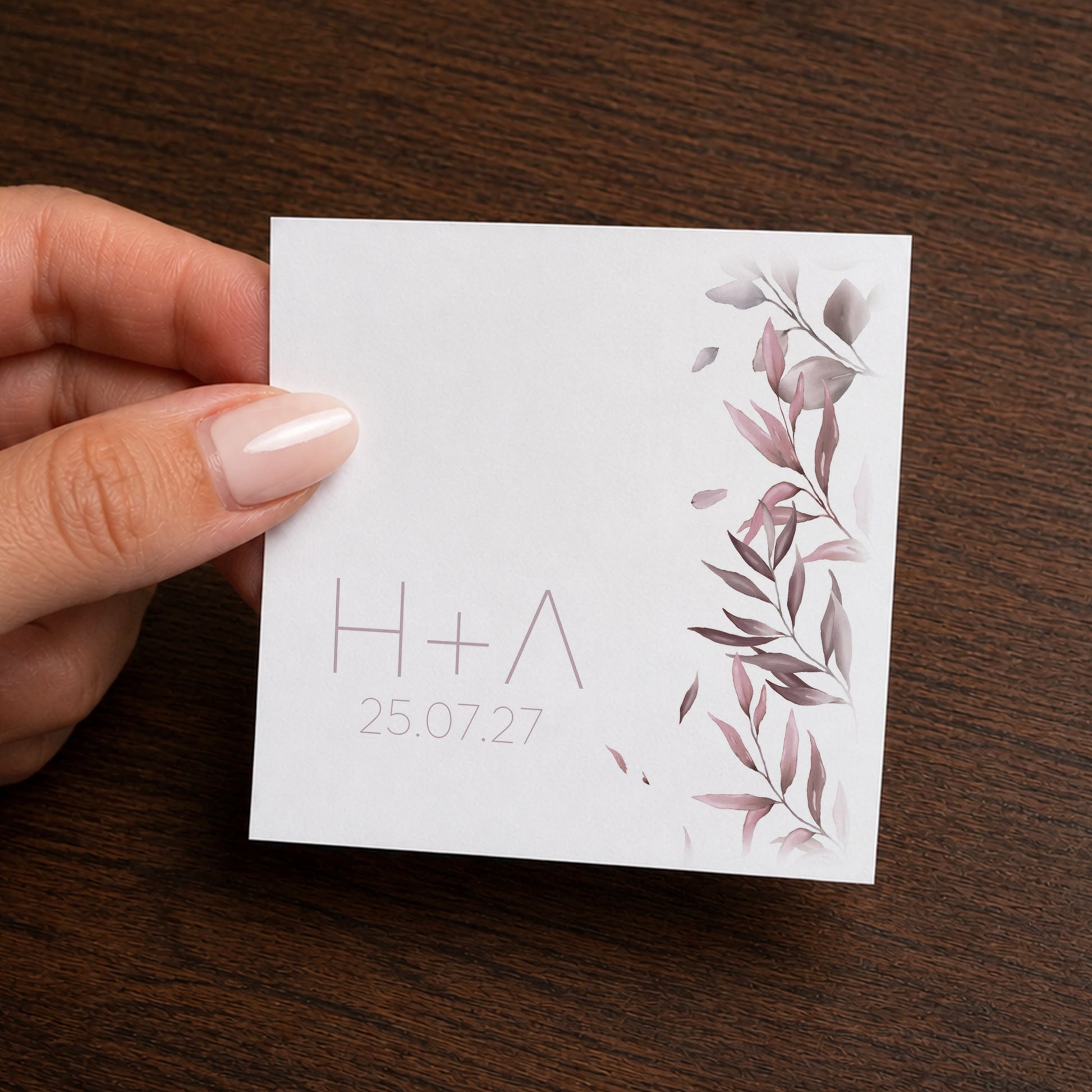 Pink Leaves printed sticker for personalized wedding favor box.
