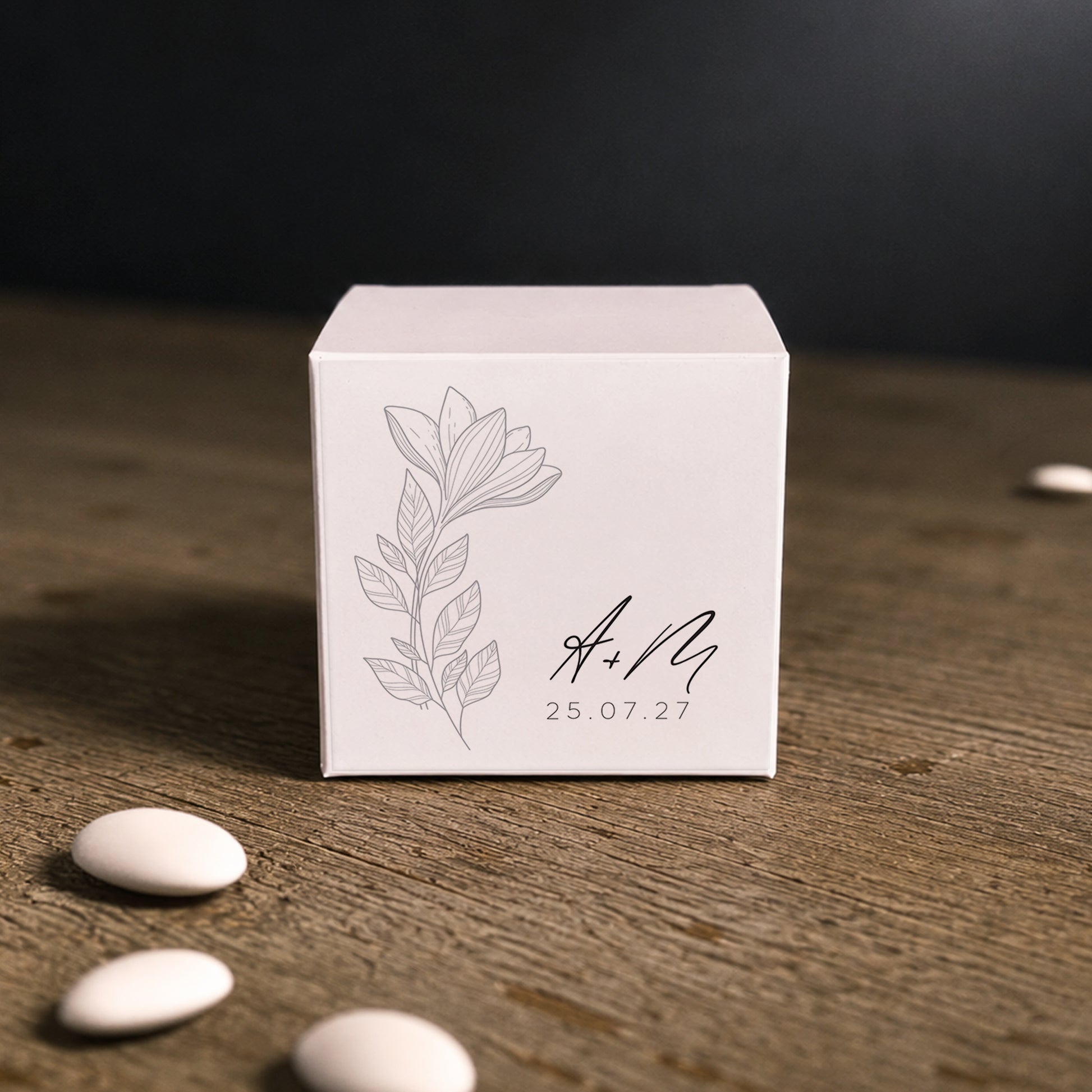 White paper cube favor box with printed sticker – elegant wedding favor box. Theme: Line Black Flowers.
