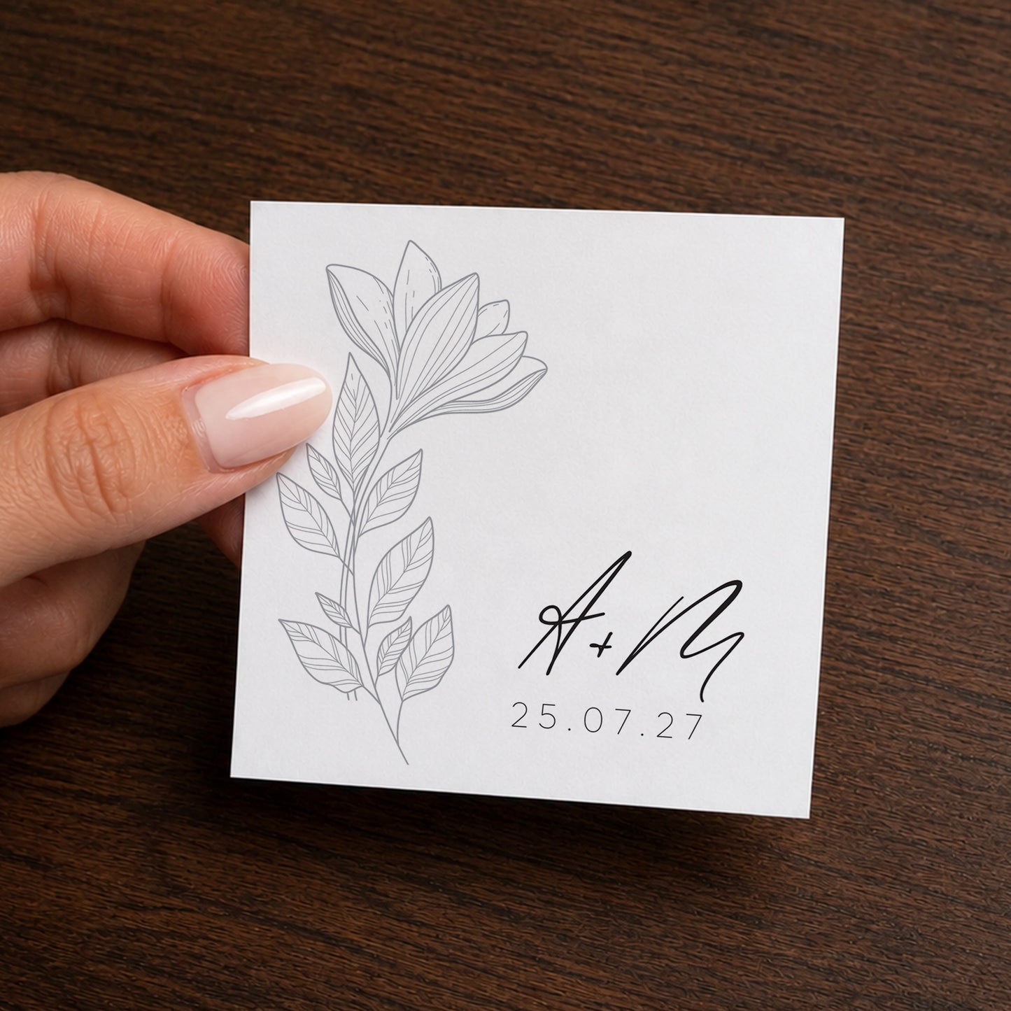 Printed sticker for personalized wedding favor box. Theme: Line Black Flowers.
