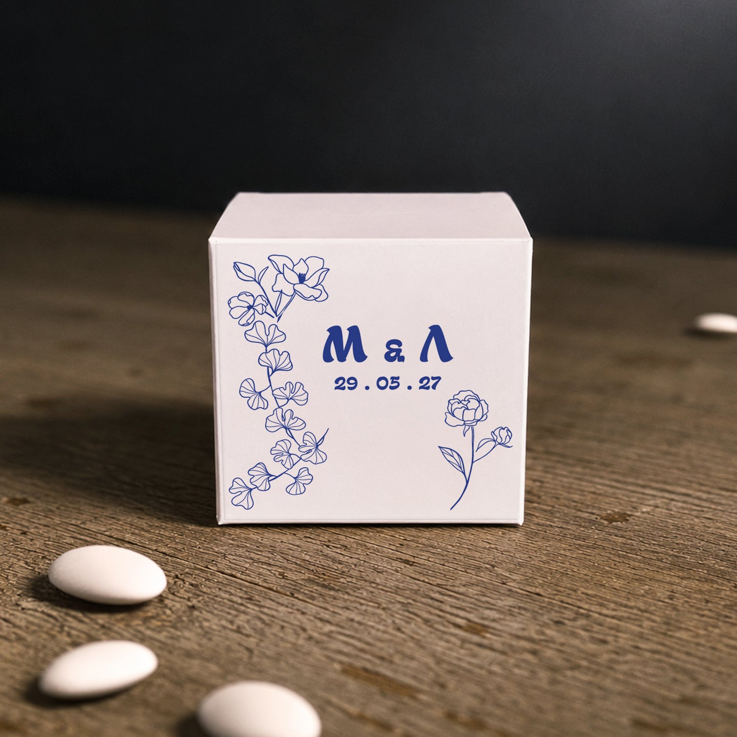 Μπομπονιέρα Γάμου Κύβος με Αυτοκόλλητο | Blue Flower