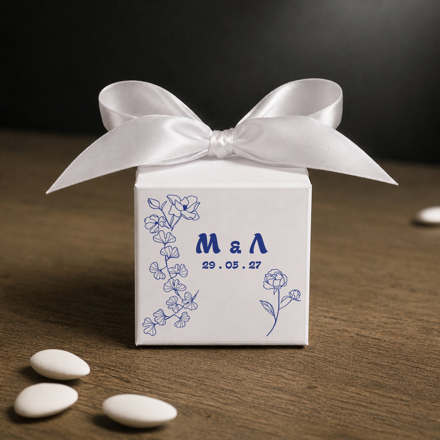 Μπομπονιέρα Γάμου Κύβος με Αυτοκόλλητο | Blue Flower
